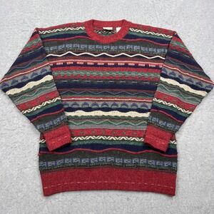 VTG 3D Knit Sweater Mens Large Multi Red Wool Alpaca Striped Textured Chunky 90s